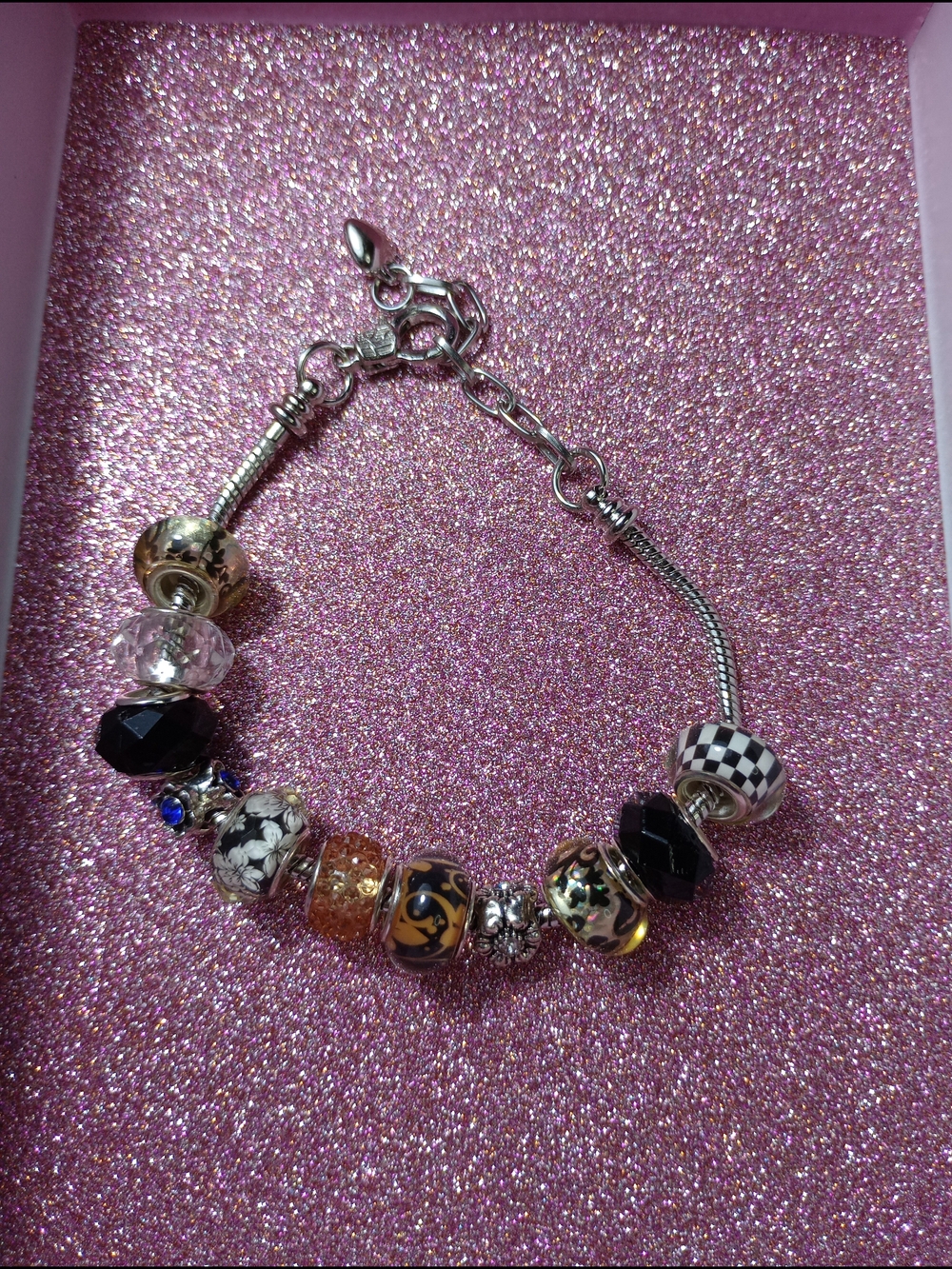 Pandora Style Silver Charm Bracelet with Black, Tan and Clear Beads
